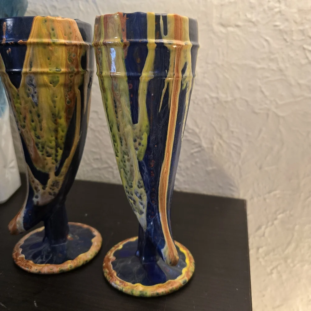 2 HANDCRAFTED Upcycled Glass Goblets HANDPAINTED Abstract Viking Drinkwear Art